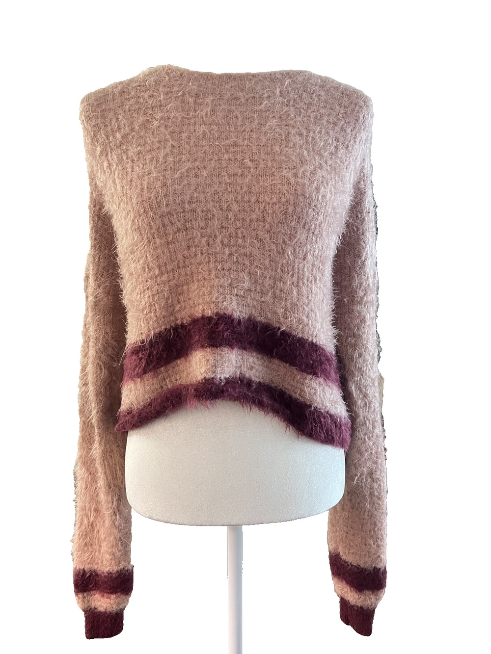 Women's Forever 21 Size Medium Knit Pale Pink Cropped Red Striped Sweater Cozy
